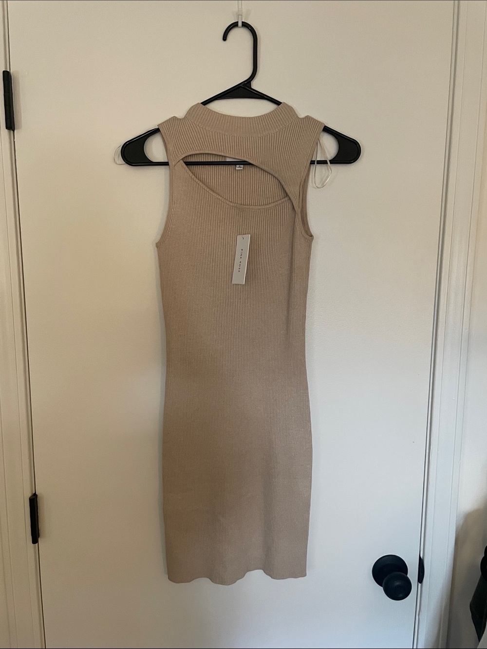 Sleeveless Ribbed Knit Midi Dress - Beige